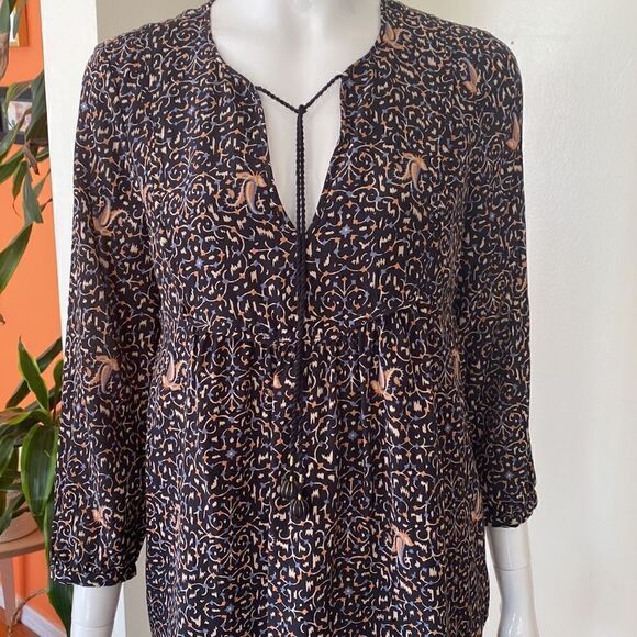 Madewell Black Printed Silk Fiesta Paisley Bell-Sleeve Mini Tunic Dress Size 2 - Picture 6 of 16